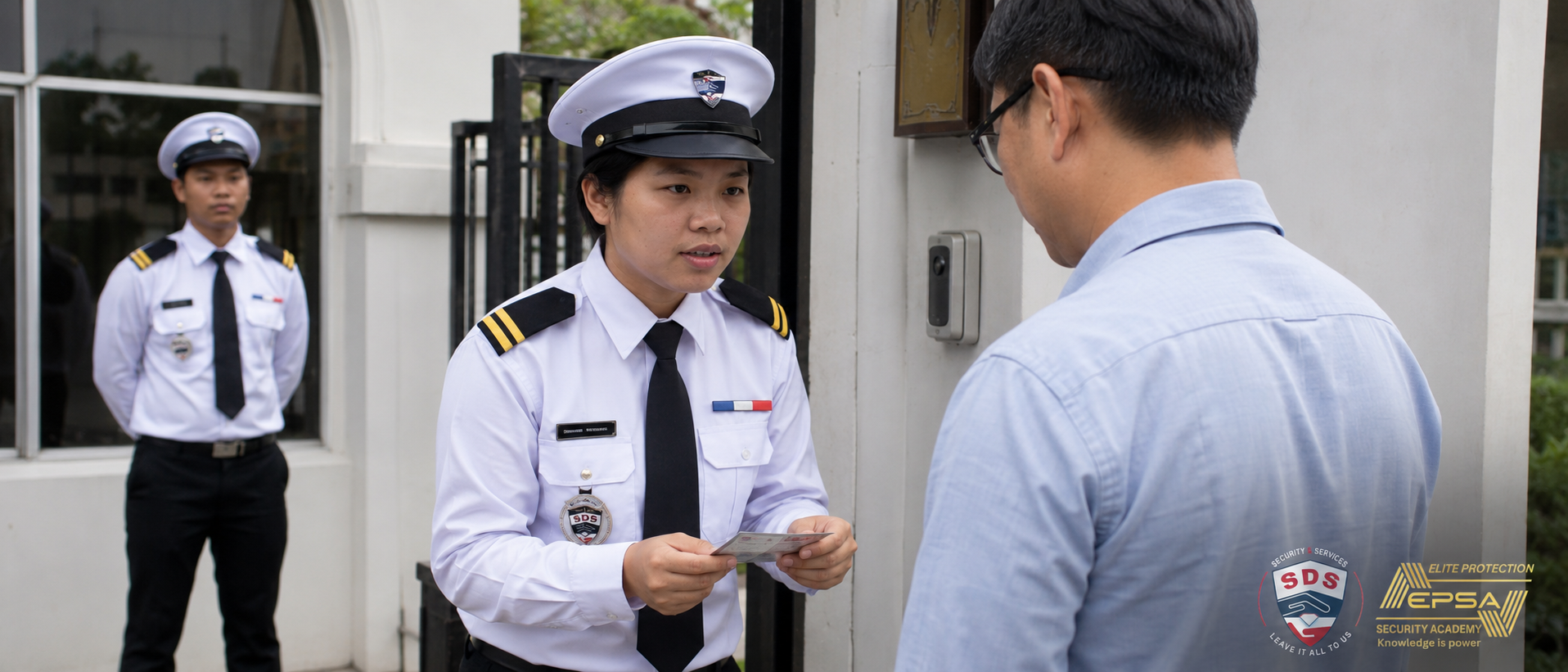 Two SDS security guards conducting an identification check at a site entrance.