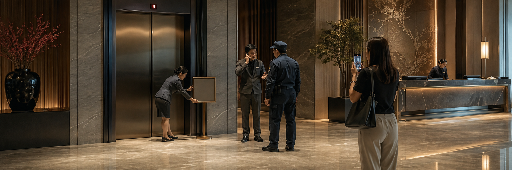 Hotel staff respond without coordination outside a stalled lift while a guest records the scene.