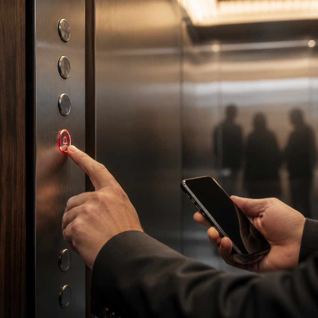 A hand presses a lift emergency button while another tries to contact the hotel by smartphone.