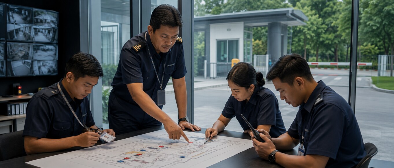 A security supervisor briefs a team on the actions and trained reflexes required to perform a clearly defined mission.