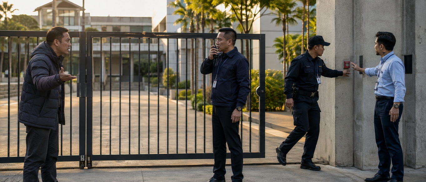 A security supervisor assesses a potential threat while an administrator prevents a guard from activating the emergency alert.