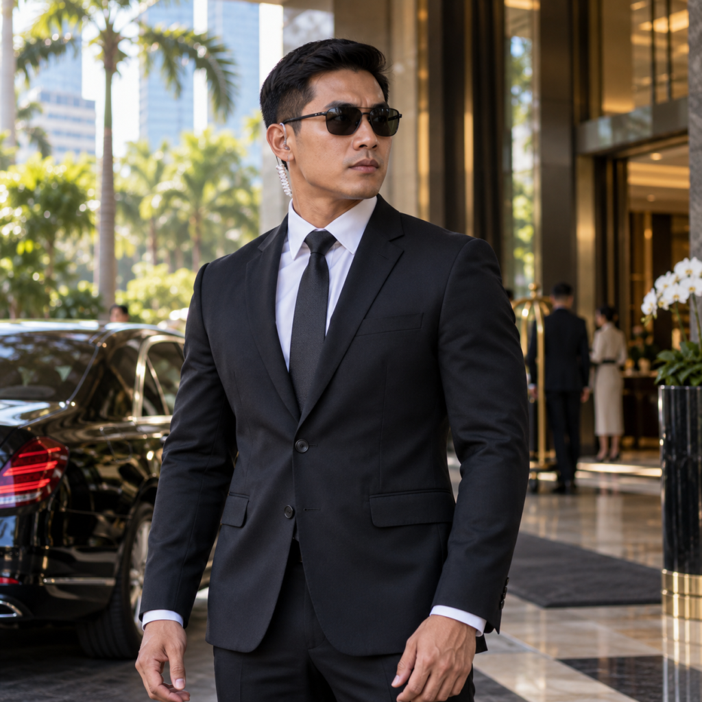 Thai close protection officer in a dark suit, sunglasses and discreet acoustic earpiece
