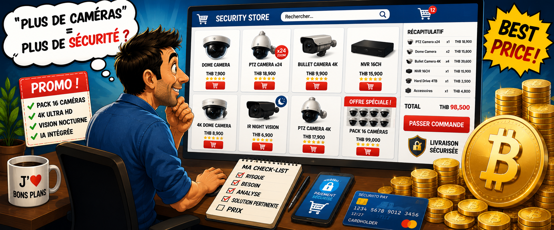 A buyer compares online security camera packages and prices, illustrating the risk of choosing equipment before defining the security requirement.