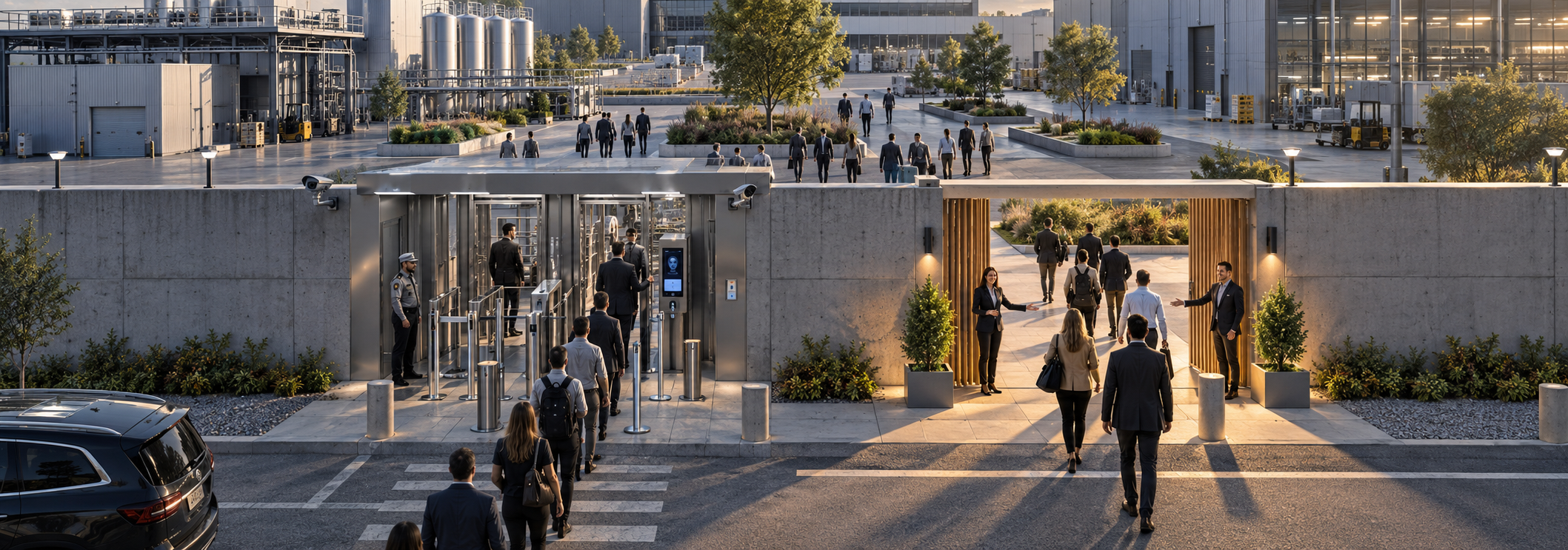 A high-security industrial site with one tightly controlled entrance and another left open, allowing both flows to mix.