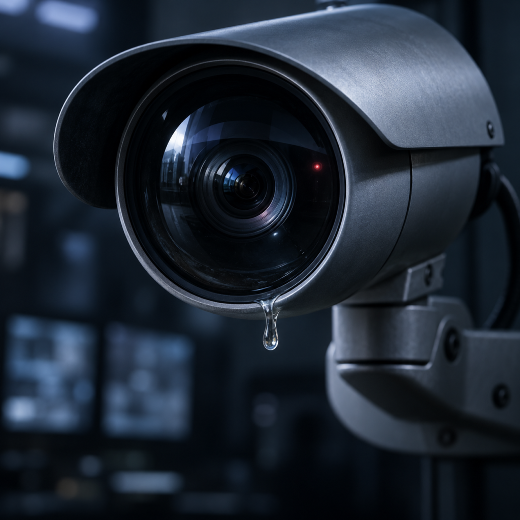 A sad CCTV camera whose lens resembles an eye, with a single tear.