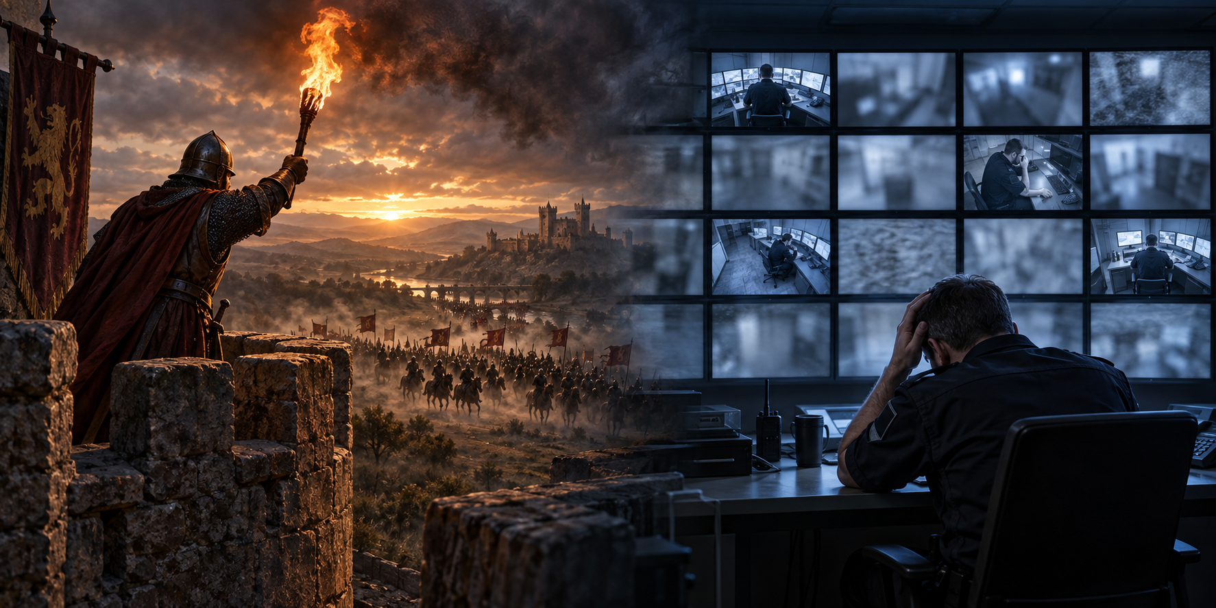 A medieval watchman raising the alarm merges into a modern security control room where most CCTV screens are unavailable to the guard.