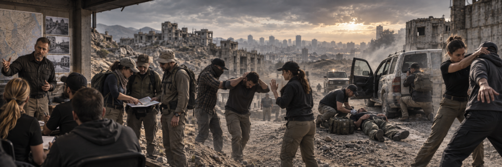 Hostile Environment Awareness Training montage with classroom briefing, navigation, simulated abduction, convoy incident response and self-defence exercises.