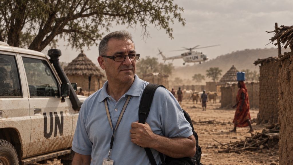 Field mission in a dusty Sahel village with a UN vehicle and helicopter, illustrating hostile-environment deployment conditions.