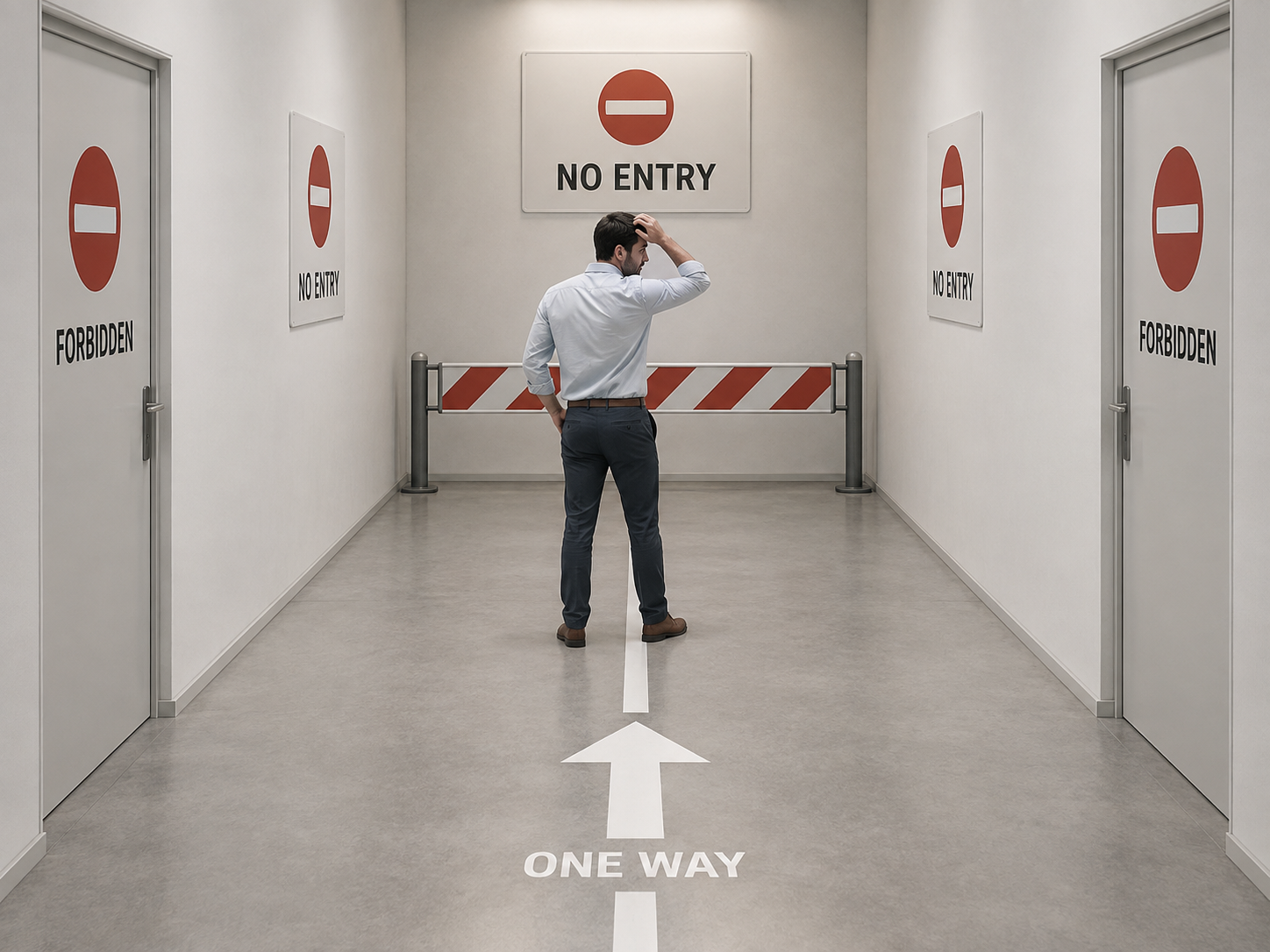 An employee follows a one-way route into a dead end where every direction is forbidden, illustrating security rules that become absurd and counterproductive.