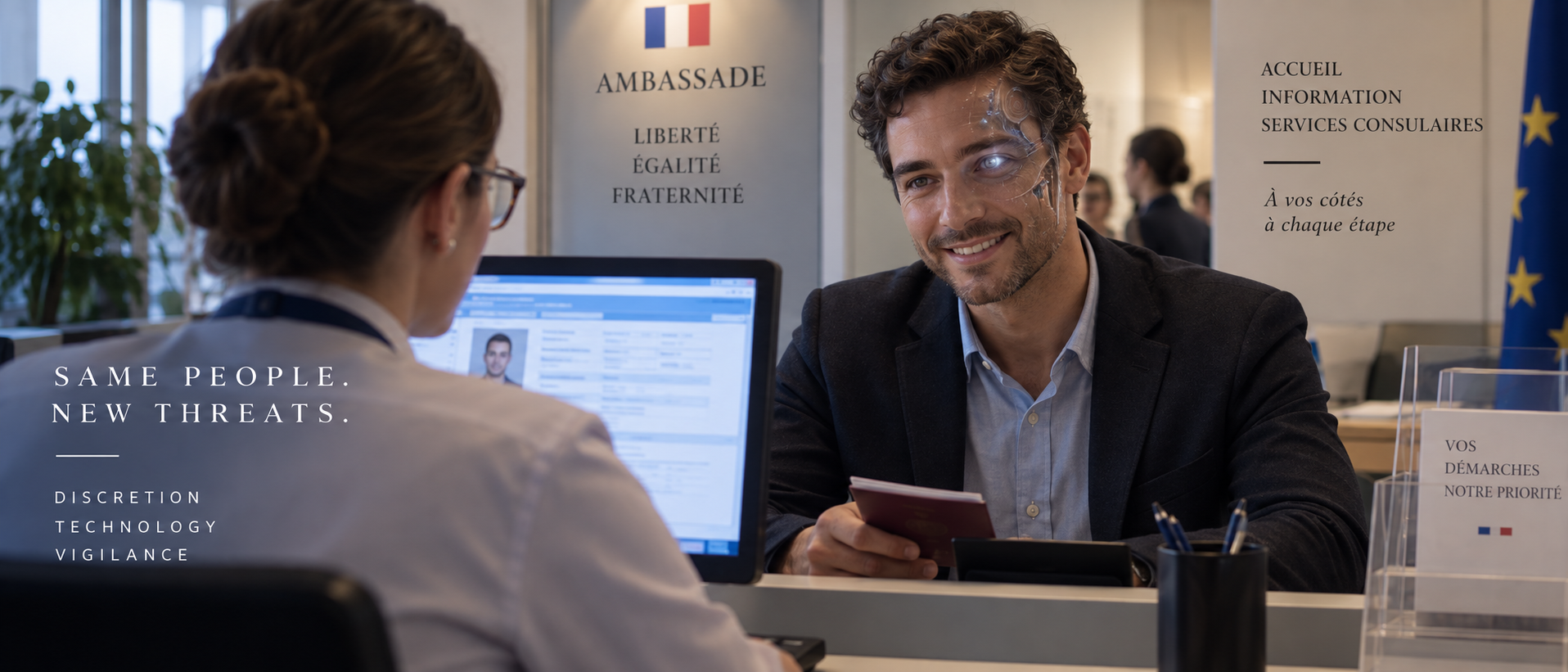 Embassy reception scene with a staff member facing a smiling visitor whose concealed electronic systems are subtly visible beneath the skin.