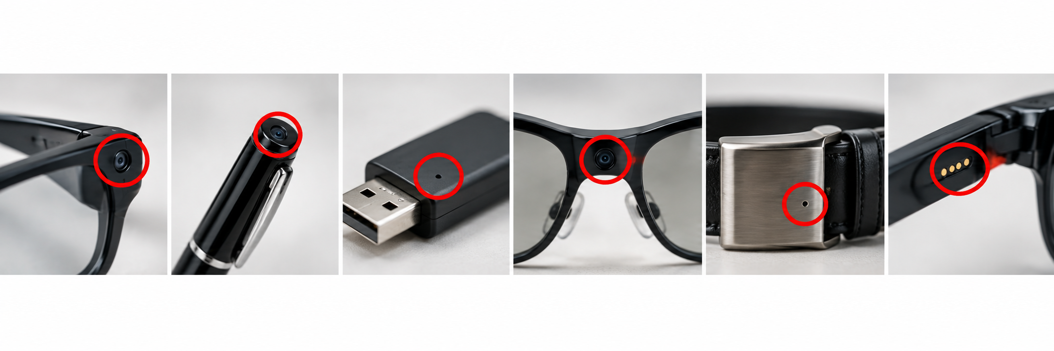 Six everyday objects showing subtle camera, microphone and charging features that may indicate concealed recording or communication technology.